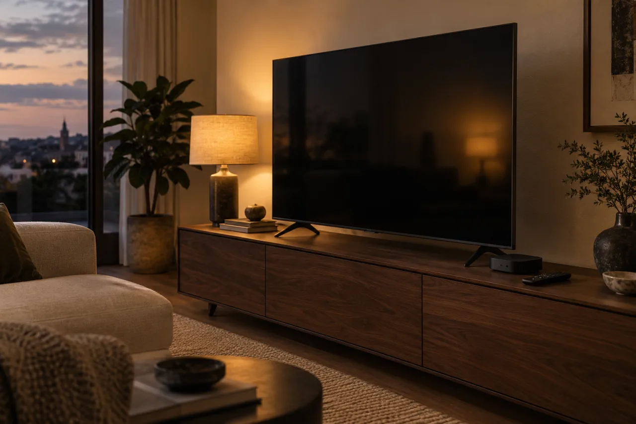 Fernseher mit ausgeschaltetem Bildschirm, Streaming-Gerät und Fernbedienung in einem warm beleuchteten Wohnzimmer.